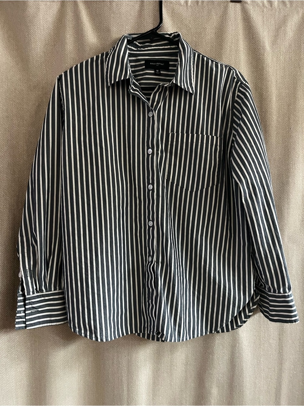 Banana Republic Grey and White Vertical Stripe Button-Up Shirt